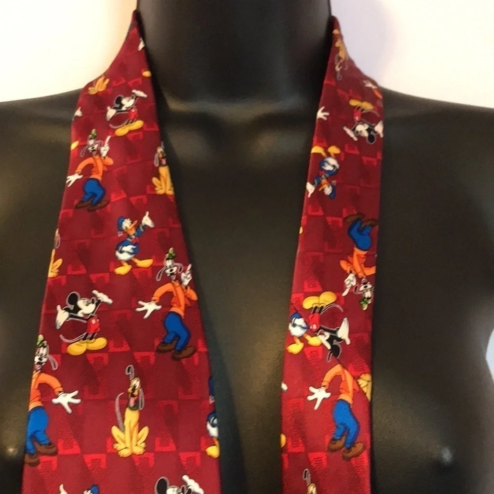Mickey Unlimited Silk Handmade Mickey Donald Pluto Goofy Dark Red Necktie Retro
